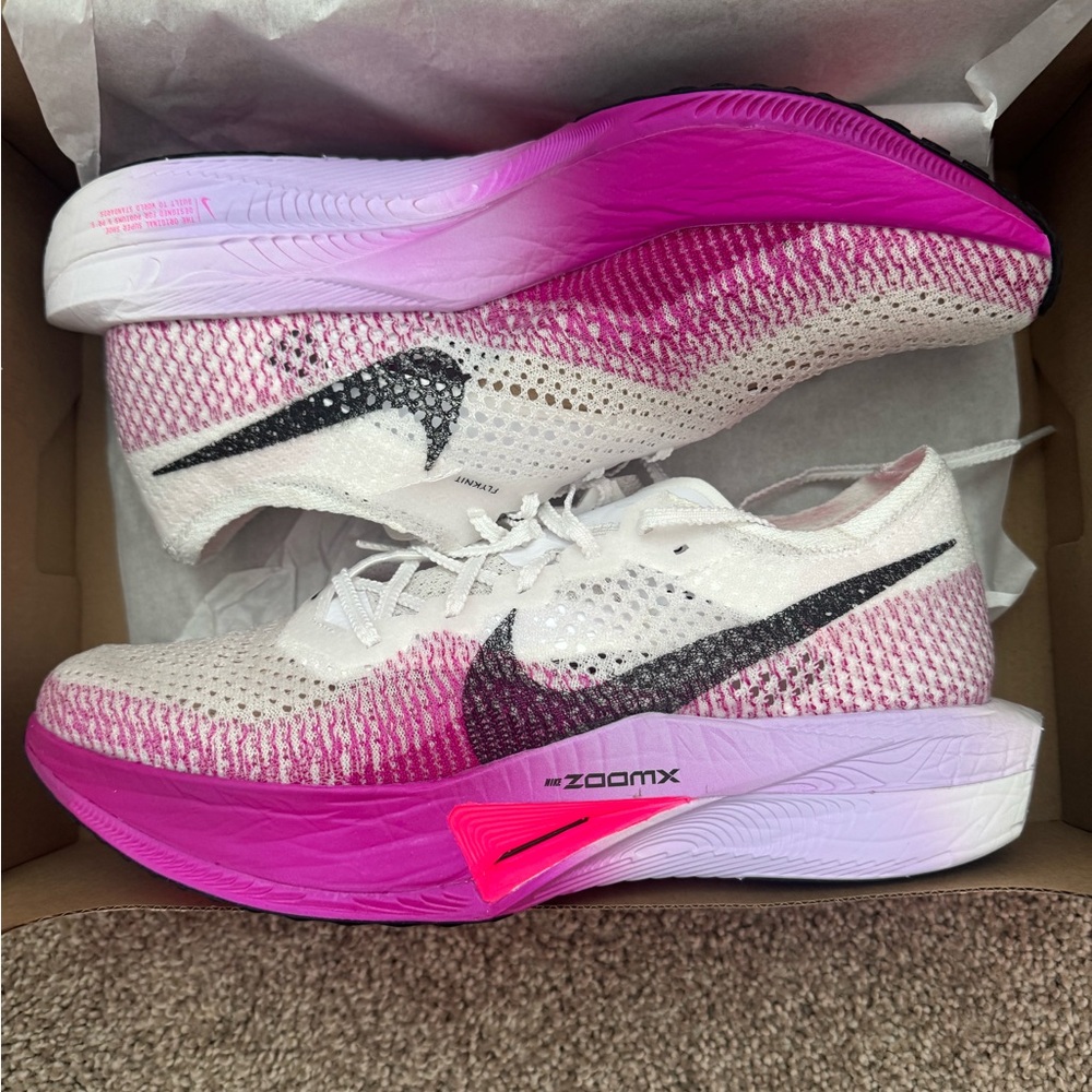 Nike Women’s White and Pink Gradient ZoomX Vaporfly Next% 3 Running Shoes
